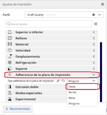Activar Falda en Cura