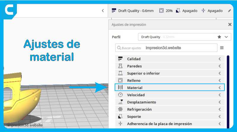Ajustes de material cura temperaturas de Impresion3d