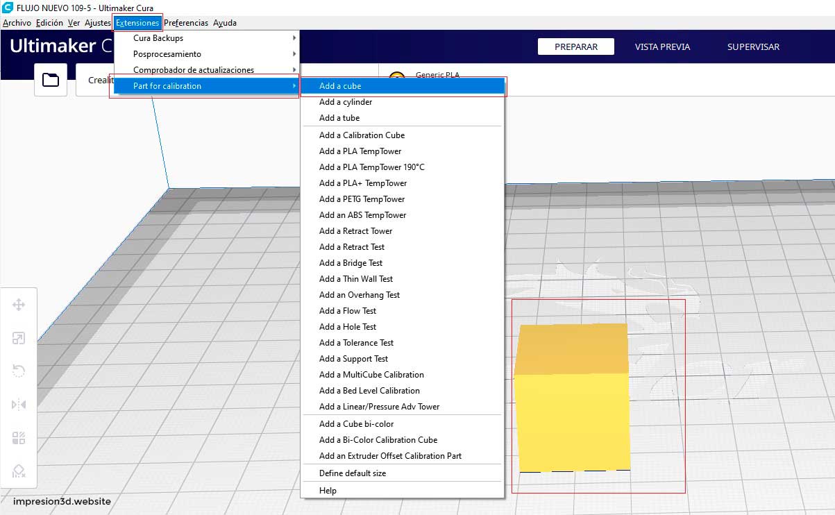 Como agregar un cubo de prueba en cura ultimaker