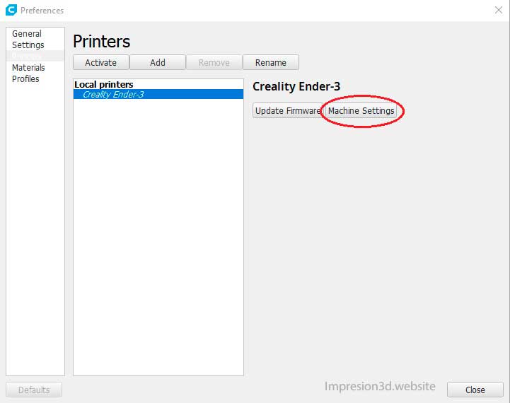 Como cambiar el tamaño de la boquilla en Cura-machine settings
