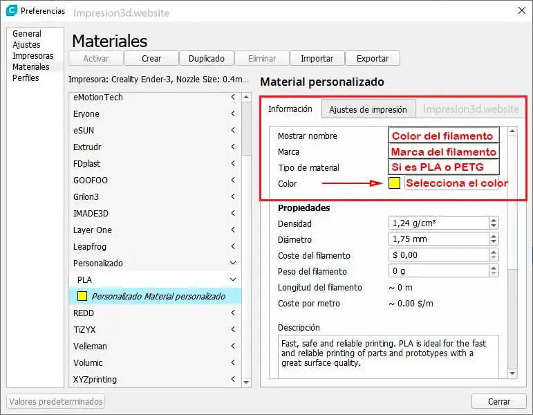 Como agregar y configurar un filamento 3D opciones