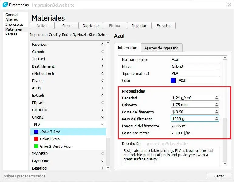 Como configurar el precio de un filamento 3D en Cura