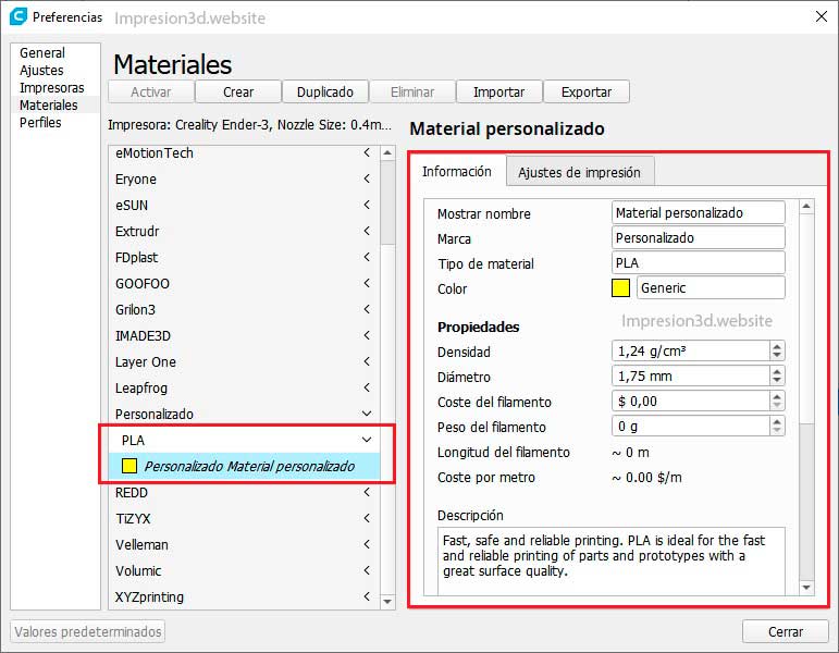 Configurar un filamento 3D en Cura