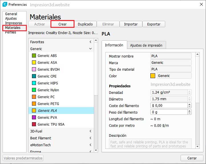 Como agregar y configurar un filamento 3d en Cura