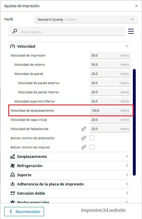 Hilos en impresion 3D - velocidad de desplazamiento