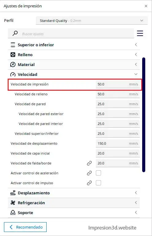 Hilos en impresion 3D - configurar velocidad de impresion