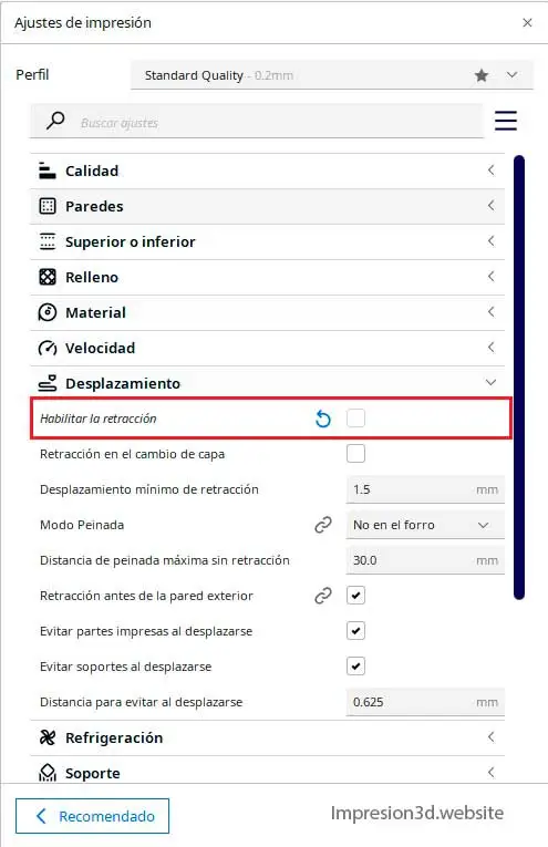 Hilos en impresion 3D - Habilitar retraccion