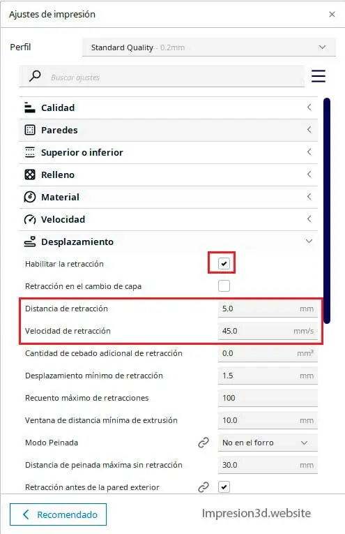 Hilos en impresion 3D - distancia y velocidad de retraccion