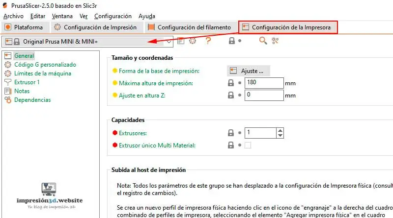Como agregar una impresora en PrusaSlicer - configuracion de la impresora
