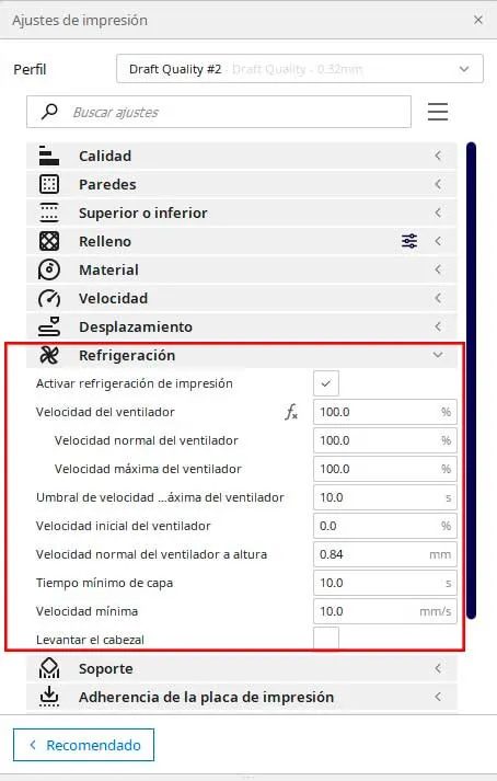 Ajustes de refrigeración en Cura