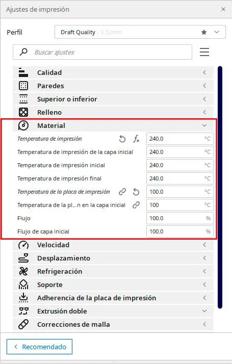 Configuración de material en Cura