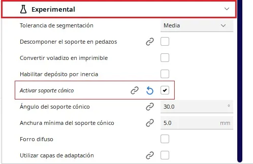 Activar soporte conico en los ajustes experimentales de Cura