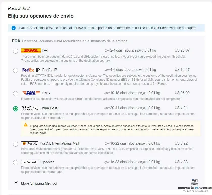 cotizar impresión 3D Online - elegir opciones de envío