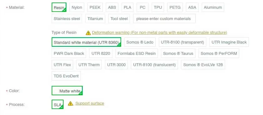 cotizar impresión 3D Online - seleccionar opciones de impresión