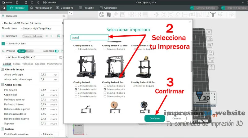 Seleccionar impresora Ender 3 en OrcaSlicer