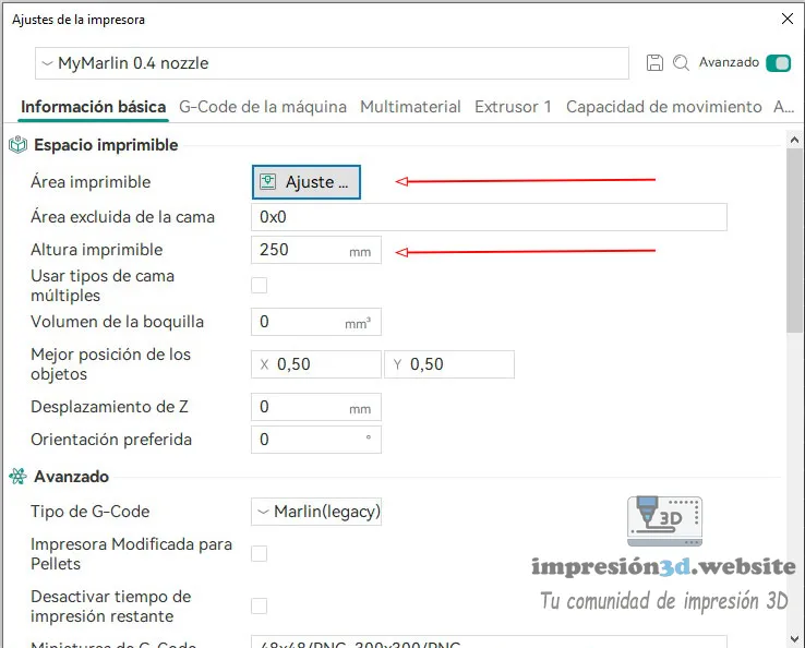 Cambiar tamaño de cama OrcaSlicer Ender 3