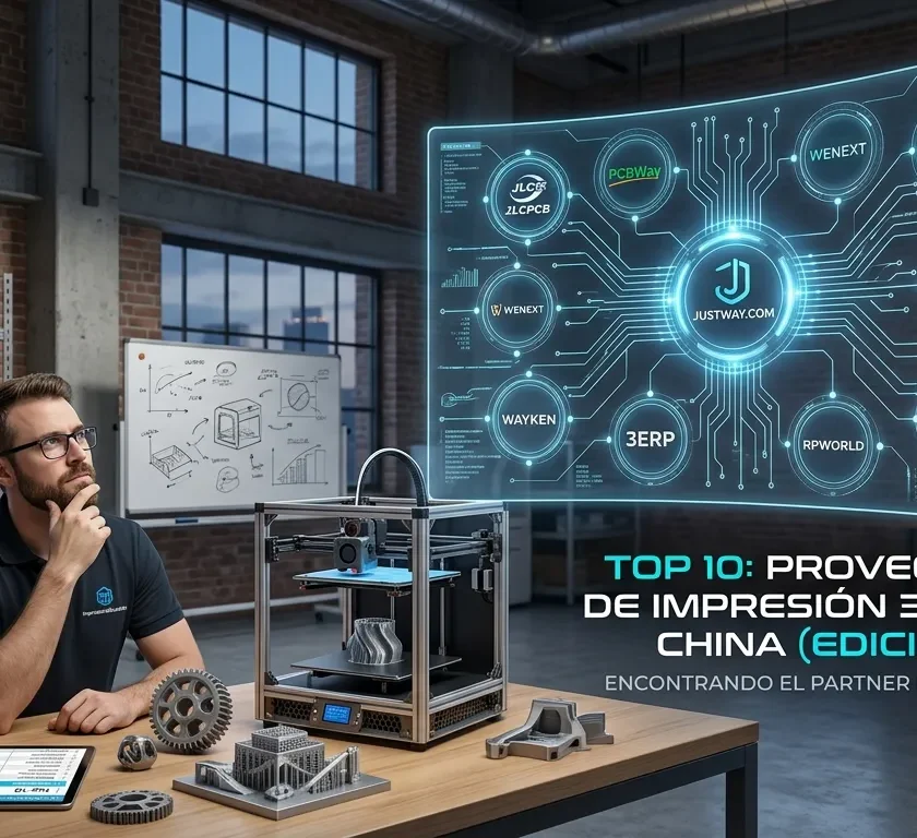 Portada del artículo: Un ingeniero analizando opciones de fabricación aditiva, con los logos de Justway.com, JLCPCB, PCBWay y otros proveedores chinos flotando como paneles holográficos en un entorno tecnológico industrial de 2026.