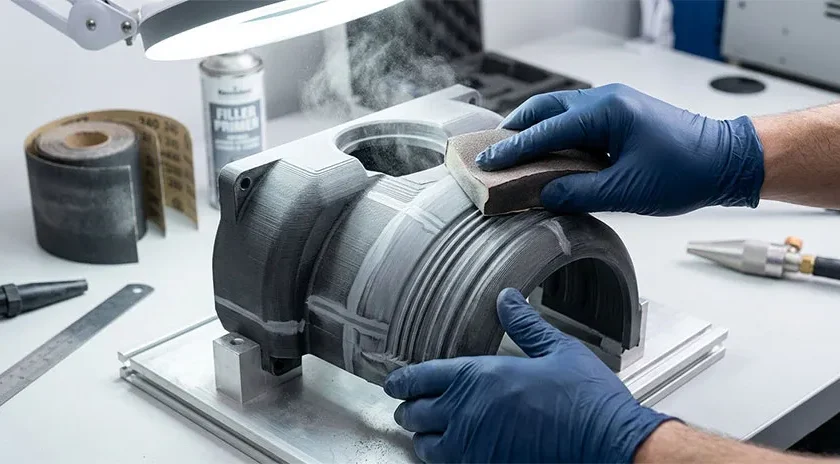 acabados superficiales impresión 3D Técnico utilizando un taco de lijado sobre una pieza impresa en 3D tratada con primer filler gris para nivelar y eliminar las líneas de capa.