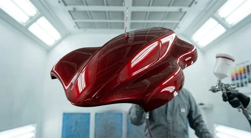 acabados superficiales impresión 3D pieza aerodinámica impresa en 3D, pintada en color rojo metalizado profundo con acabado de barniz bicapa automotriz ultra-brillante, mostrando reflejos nítidos en una cabina de pintura profesional.