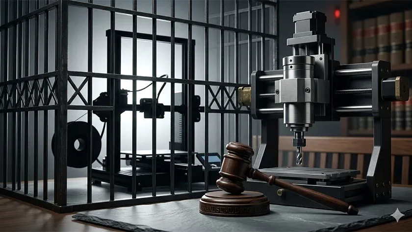 Concepto legal de la ley AB 2047 en California: una impresora 3D y un cabezal CNC tras las rejas con un mazo de juez, representando las restricciones a la fabricación aditiva.