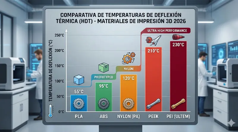 Materiales de impresión 3D 2026 Gráfico de temperatura de deflexión térmica HDT comparando materiales estándar como PLA y ABS frente a polímeros de alto rendimiento PEEK y PEI Ultem.