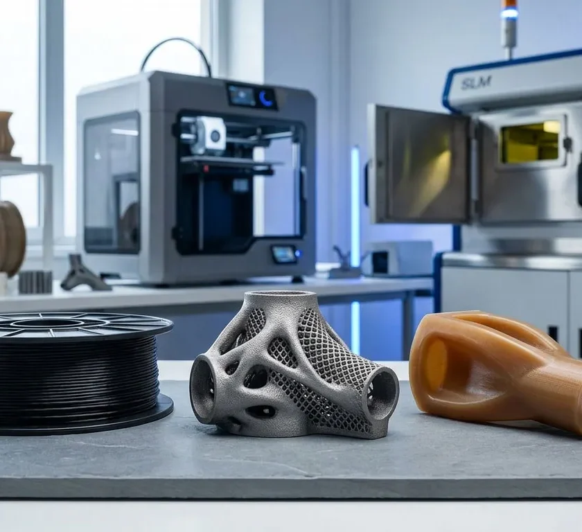 Muestras de materiales de impresión 3D 2026 incluyendo carrete de fibra de carbono, pieza técnica de titanio y componente de PEEK en un laboratorio profesional.