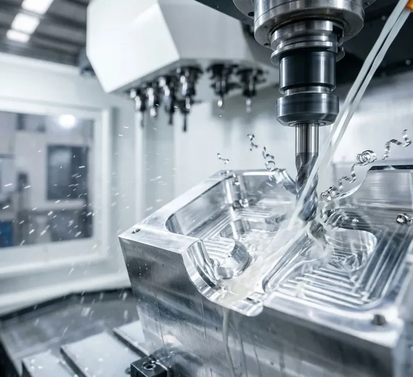 Primer plano macro de una fresa de 5 ejes esculpiendo aluminio 7075 con refrigerante, ilustrando la precisión de las mejores empresas de mecanizado CNC en China en 2026.